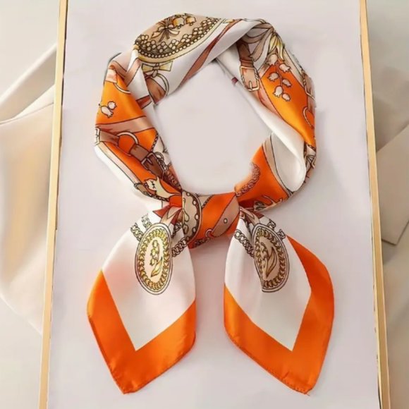 🍏50% OFF/3+... Orange/Cream Pattern Square Scarf - Picture 3 of 7